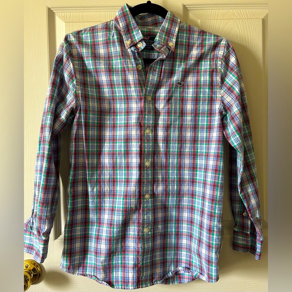 Vineyard Vines Boys Plaid Performance Whale‎ Button Down Shirt Size Med (12-14)